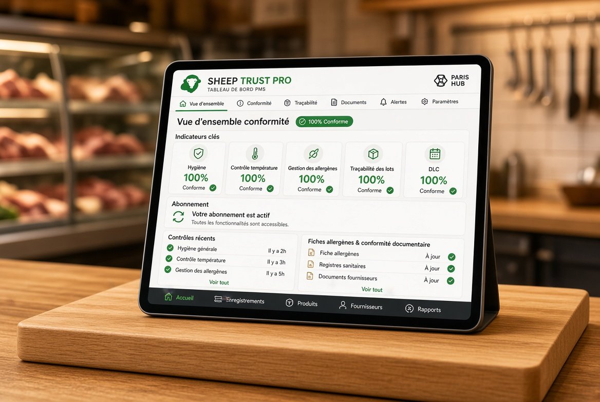 Abonnement SHEEP TRUST PRO BOUCHERIE by PARIS HUB — Logiciel Traçabilité & Suivi PMS | HACCP, DLC, Lots, Allergènes, Étiquetage | Solution Numérique Boucherie