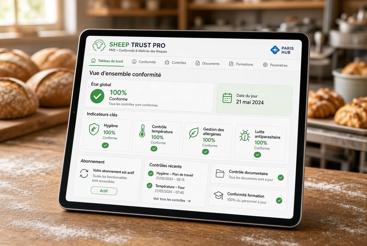 Abonnement SHEEP TRUST PRO BOULANGERIE by PARIS HUB — Logiciel Traçabilité & Suivi PMS | HACCP, DLC, Lots, Allergènes, Étiquetage | Boulangerie Pâtisserie Traiteur